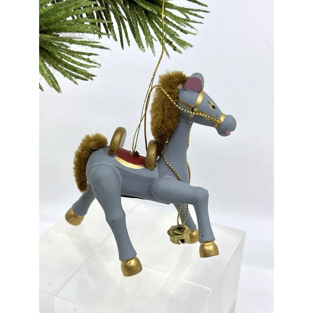 Vtg Russ Berrie Vintage Wooden Blue Horse Christmas Ornament